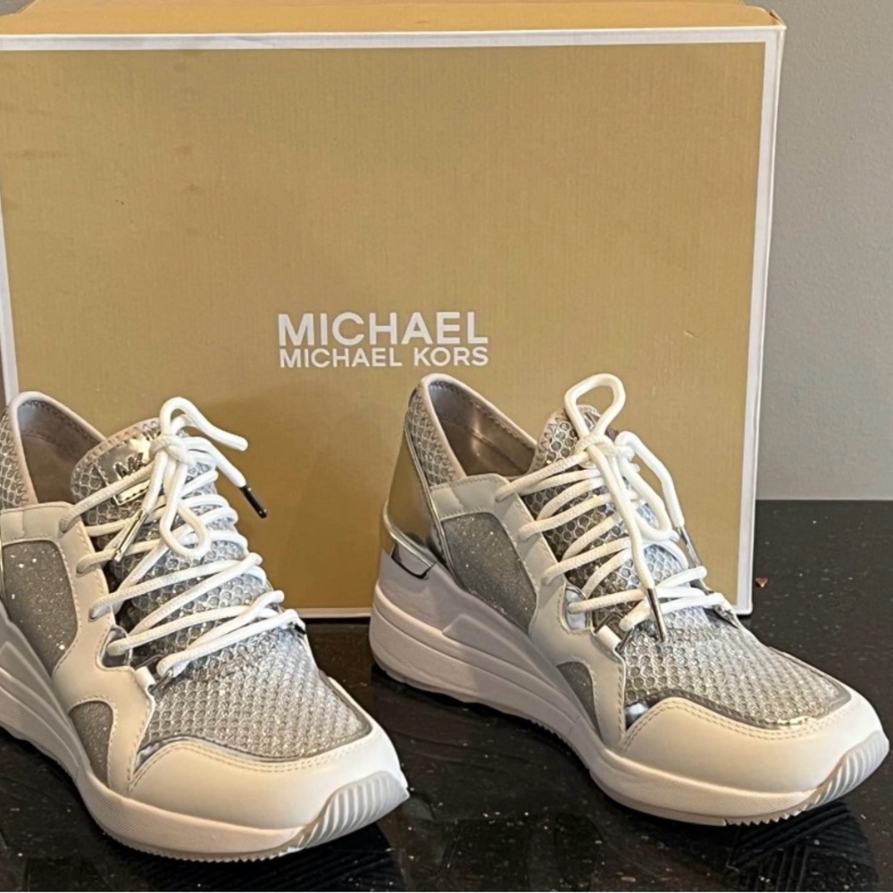 Michael Kors Metallic Silver and White Sneakers - Picture 2 of 4